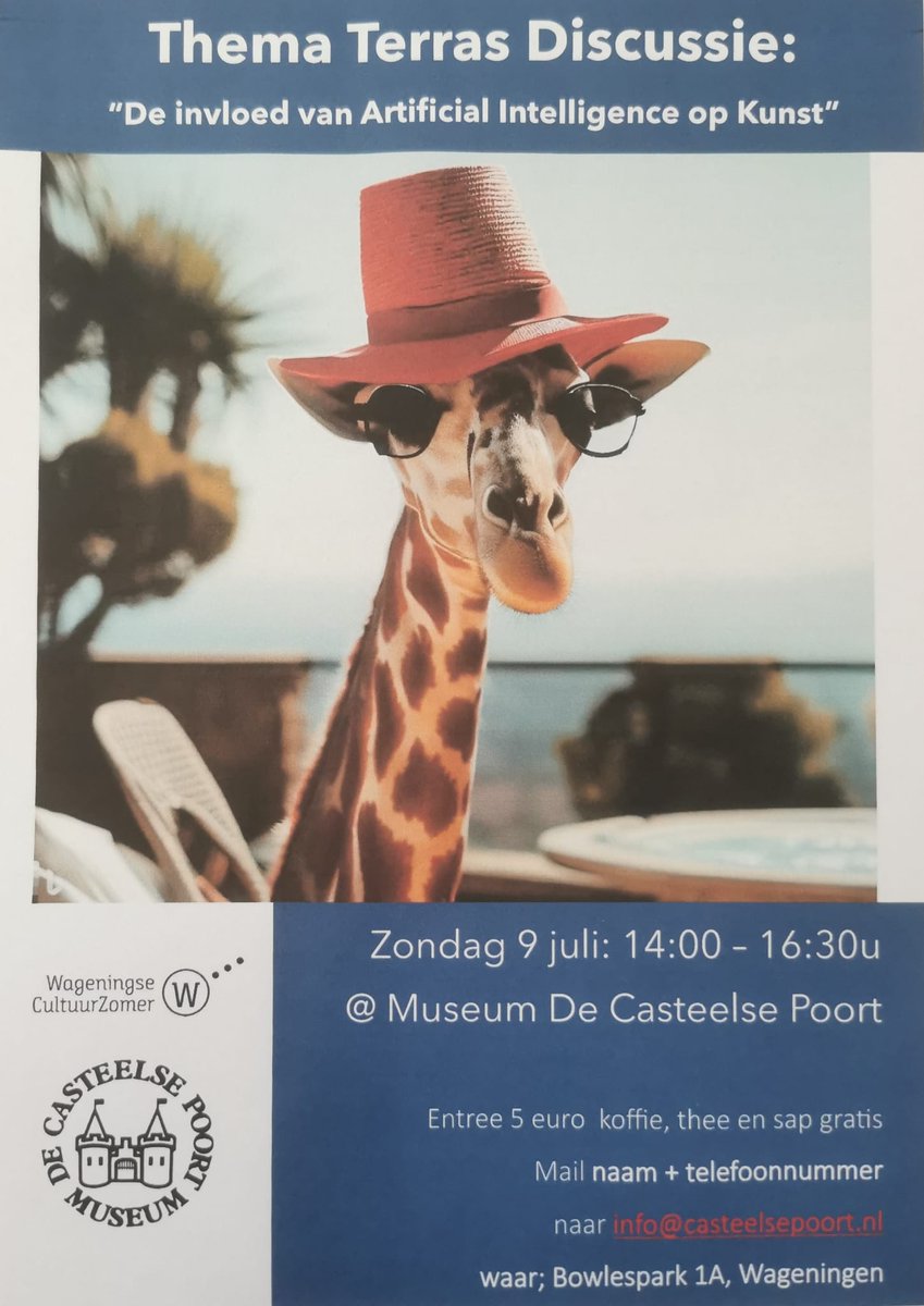 Zondagmiddag 9 juli bespreken we op de eerste Thema Terras Discussie “De invloed van Artificial Intelligence  op Kunst”.
Opgeven via info@casteelsepoort.nl
Zondag 9 juli van 14:00 - 16:30 uur
Kosten € 5,00 met koffie, thee of een sapje.
#proefwageningen  #cultuurinwageningen