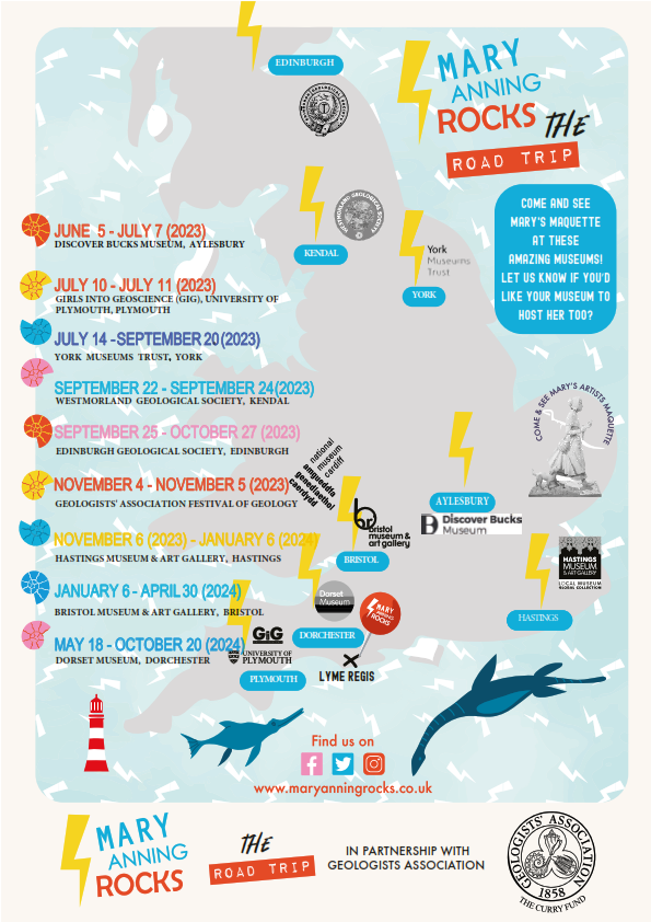 GeolAssoc's tweet image. The @MaryAnningRocks statue maquette has now reached @BucksMuseum in Aylesbury where it will be in residence until 7 July. After that it will move on to the @girlsingeosci event at @EarthSciPlymUni before travelling on to @YorkCastle