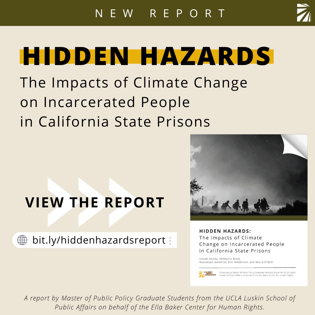 Today, along with our colleagues at @UCLALuskin, we are thrilled to release a timely and first-of-its-kind report, Hidden Hazards: The Impacts of Climate Change on Incarcerated People in California State Prisons. #HiddenHazardsCA Read the full report ➡️ bit.ly/hiddenhazardsr…