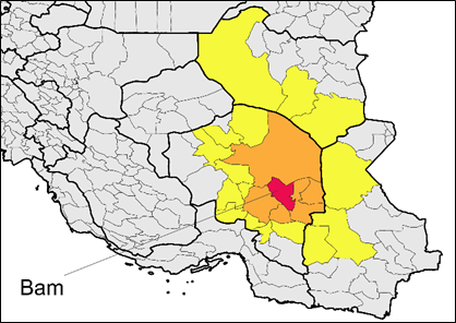 MR_Farzanegan's tweet image. 6. Evidence for the existence of #spatial #spillovers to neighboring counties: Location of #Kerman Province within #Iran (green). Location of #Bam County within Kerman Province (red). Bam‘s neighbors of first order (orange). Bam‘s neighbors of second order (yellow).