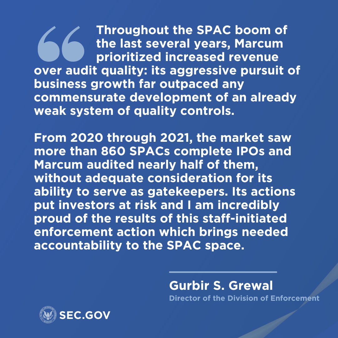 We charged Marcum LLP with quality control failures and violations of audit standards in connection with work for hundreds of SPAC clients. We found that deficiencies reflected systemic quality control failures throughout the firm, not just SPAC audits.

 sec.gov/news/press-rel…