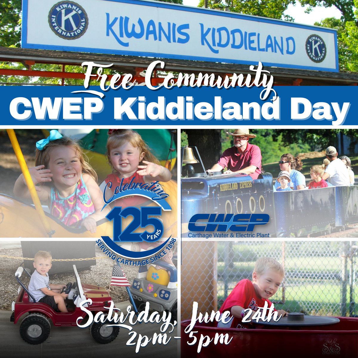 𝗧𝗛𝗜𝗦 𝗦𝗔𝗧𝗨𝗥𝗗𝗔𝗬, 𝗝𝗨𝗡𝗘 𝟮𝟰𝗧𝗛 CWEP is sponsoring a fun & 𝗙𝗥𝗘𝗘 day at Kiddieland! What better way to celebrate 125 years of CWEP serving Carthage than with a fun community event at Kiddieland?! We hope to see everyone there!
.
.
.
#PublicPower #125YearsStrong