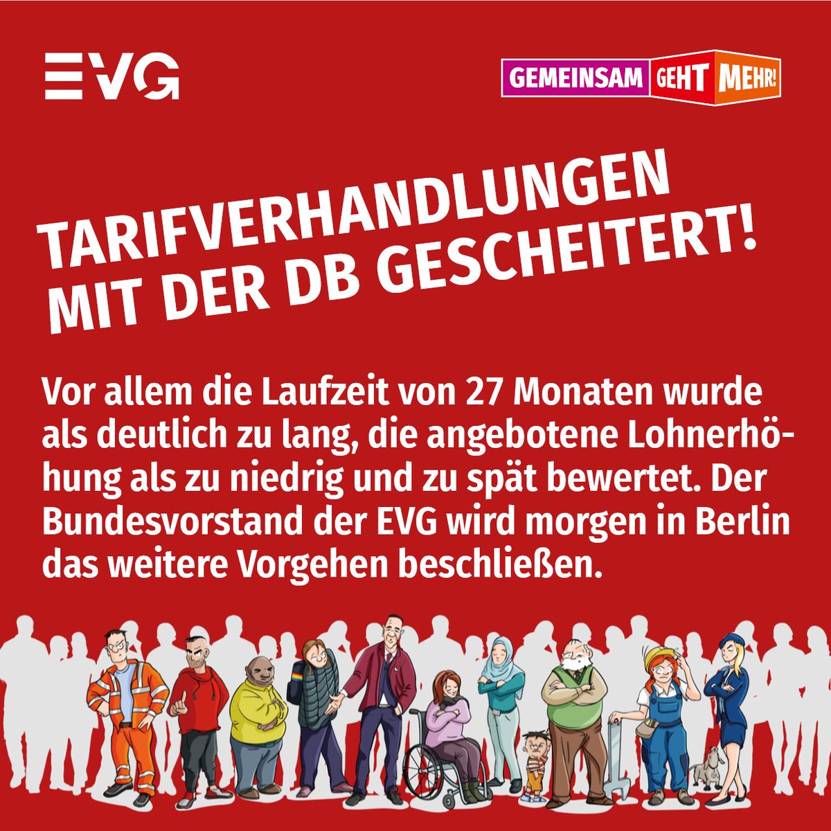 Die Zentrale Tarifkommission der EVG hat die Verhandlungen mit der Deutschen Bahn für gescheitert erklärt. Insbesondere Laufzeit, Höhe und Zeitpunkt der Lohnerhöhung wurden abgelehnt.