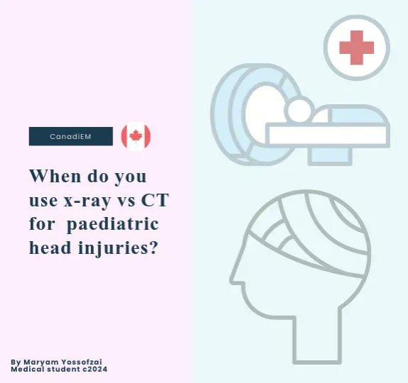 Latest #ClinicalQuestion: XR vs. CT for pediatric head injuries, buff.ly/3pkVWzZ 🤕 Medical student Maryam Yossofzai (@McmasterUgme) walks us through: - When to order a skull x-ray 🦴 - The PECARN and CATCH CT rules Copyediting: @AnsariFarzan_ Editing: @tingdan