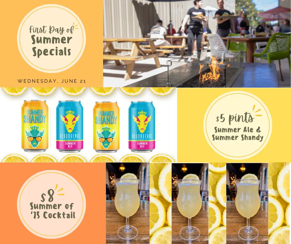 ResurgenceBrew's tweet photo. Summer is officially here! Enjoy the warm weather and the start of Summertime with $5 pints of Summer Ale & Summer Shandy and $8 Summer of '75 Cocktails ALL DAY LONG🍻 ☀️
#summerdrinks #beerspecials #drinklocal #buffalobar #buffalobrewery #summersolstice #drinkspecials https://t.co/huXlbzsHPk