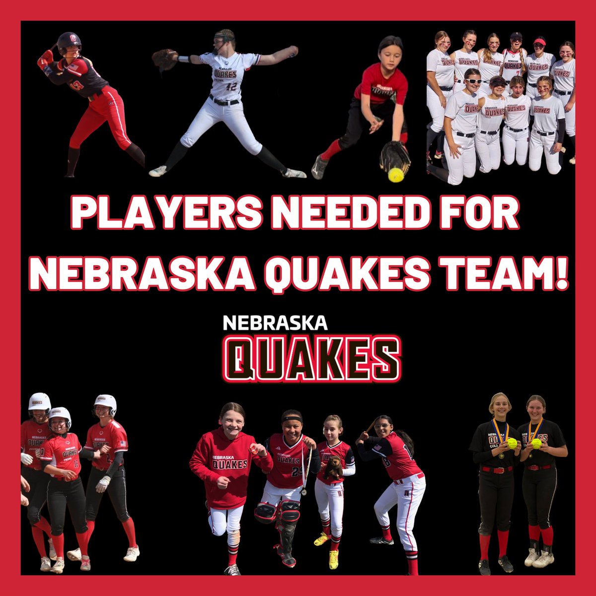 Nebraska Quakes National 14u team is looking for highly motivated athletes to join their team. Will be mostly 2009 birth years, but would consider 2010s. Please reach out to Lorelle at 402-990-1992.