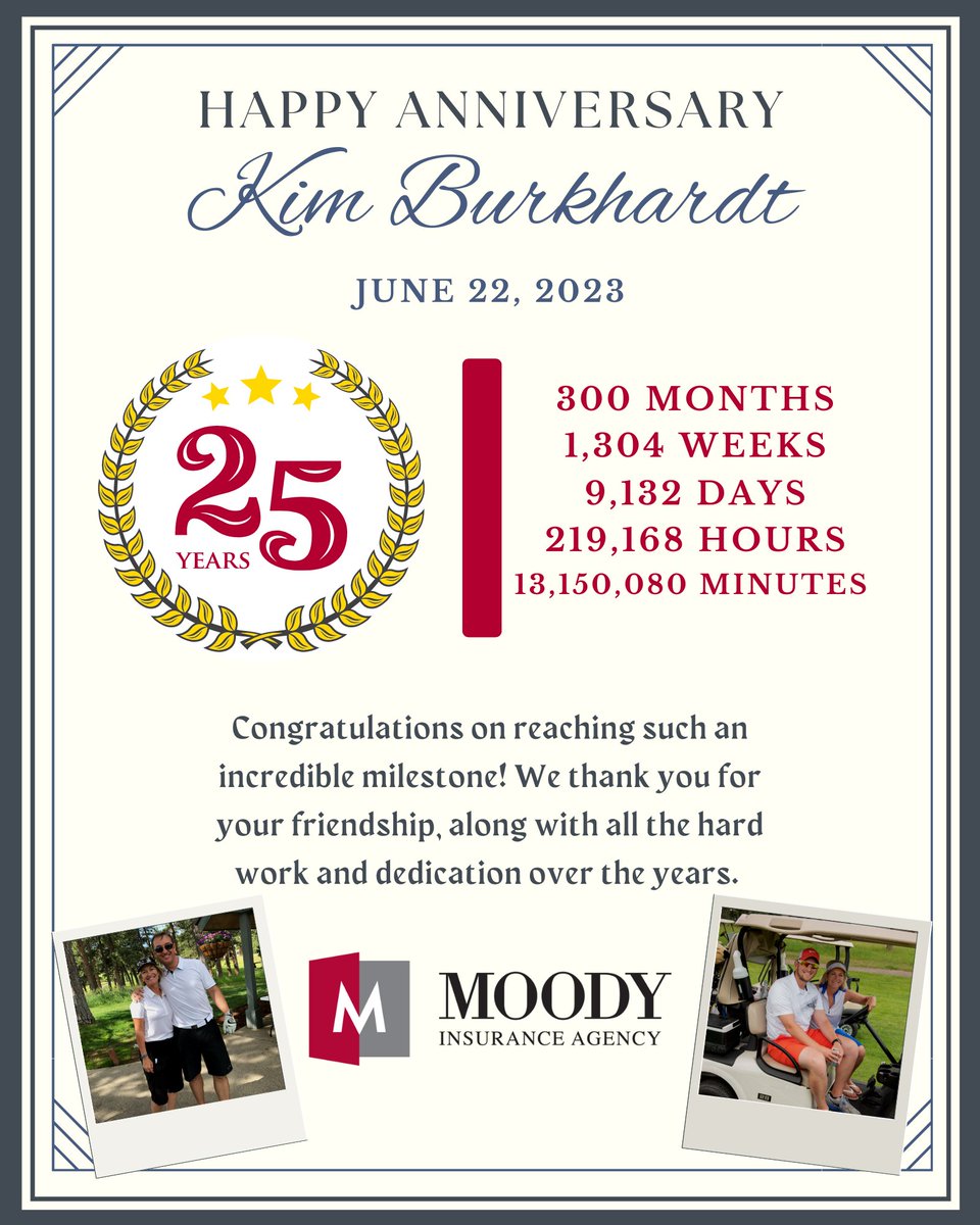 MoodyInsurance's tweet photo. A special congratulations goes out to Kim Burkhardt for celebrating her 25th work anniversary here at Moody Insurance!!!!! We are so thankful for your friendship, work ethic, commitment to excellence and amazing times over the years! Congrats!!! https://t.co/xj4oWxZoq0