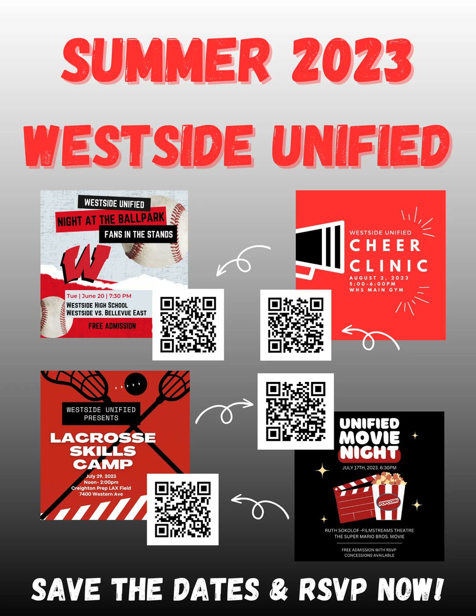 Baseball, Lacrosse, Cheer or a Movie! RSVP for any, or all, of the Unified family activities!
Baseball: buff.ly/3oGvTTN
Lacrosse: buff.ly/3qTRoBa
Cheer Clinic: buff.ly/3JryesS
Movie Night: buff.ly/3Nk59k7
Details on the flyer.

#WeAreWestside