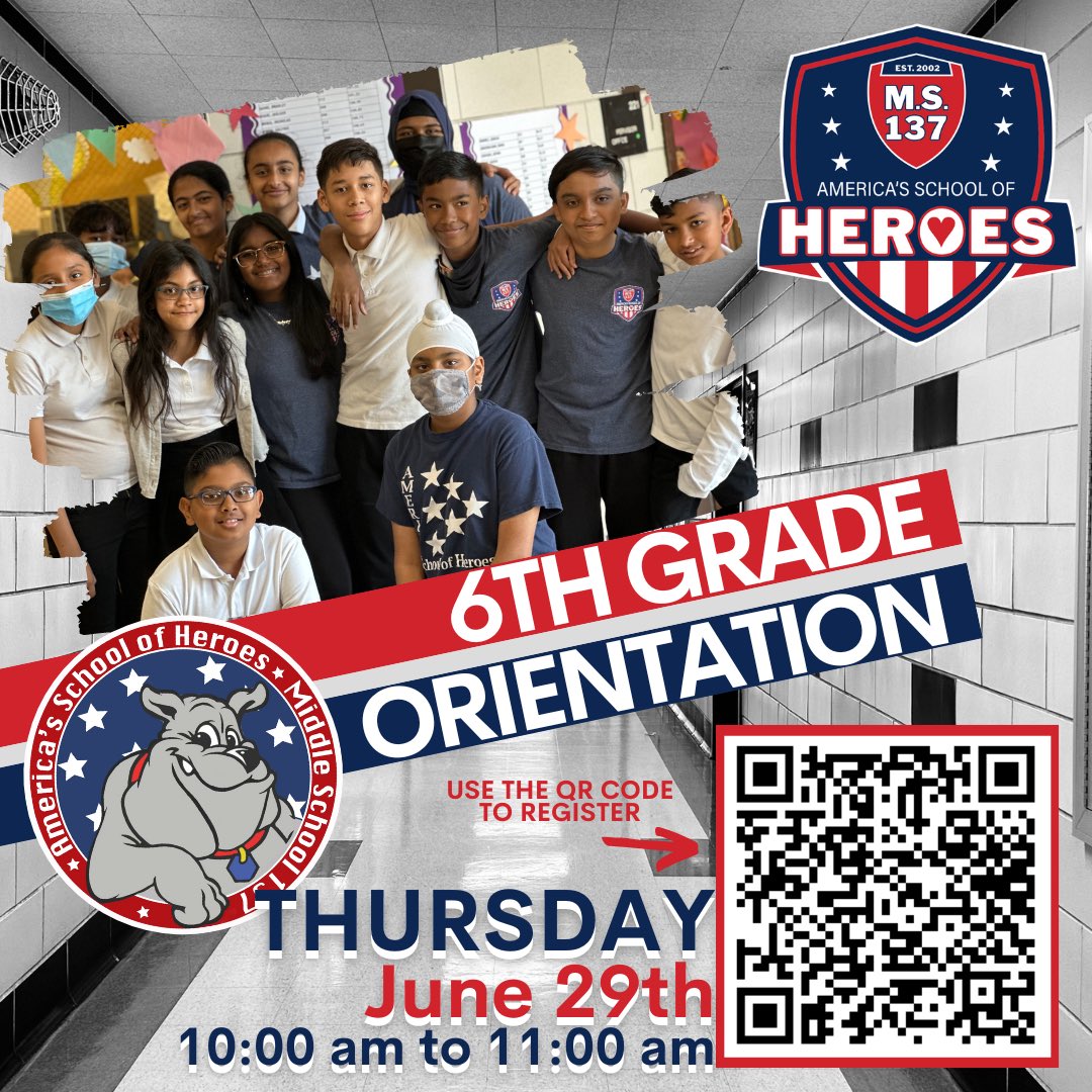 Our 2023-2024 6th Grade Orientation has finally been RESCHEDULED for Thursday, June 29th from 10-11 am… if you have a child entering 6th grade at MS 137 for the 2023-24 school year, don’t forget to register for the event!!!

<a href="/D27NYC/">Community School District 27</a> <a href="/Principal_Trin/">Pamela Trincado</a>