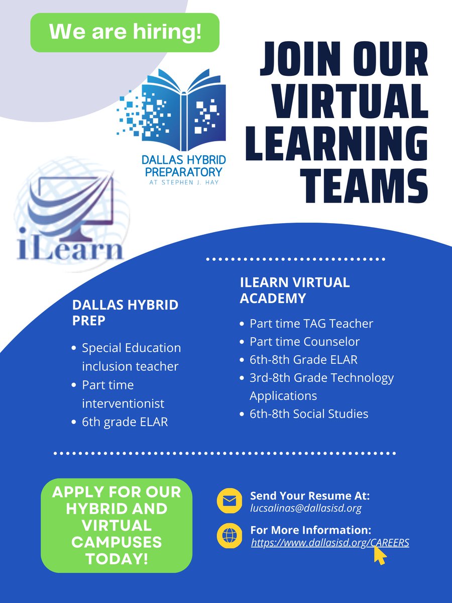 iLearn Virtual School (@ilearn_disd) on Twitter photo Join our virtual learning teams. <a href="/iLearn_DISD/">iLearn Virtual School</a>
<a href="/PrincipalLuSal/">Lucy Salinas</a>
<a href="/KarilyCruz/">Karily Dean Cruz, M.A</a> Join our virtual learning teams. <a href="/iLearn_DISD/">iLearn Virtual School</a>
<a href="/PrincipalLuSal/">Lucy Salinas</a>
<a href="/KarilyCruz/">Karily Dean Cruz, M.A</a>