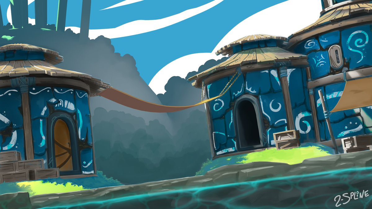 TwoSpline's tweet image. Matte painting / background for the next Wisp animation I'm wrapping up! Always loved the Cetus style setting, naturally a summer-y vibe! (If you ignore all the dangers outside the wall!) #Warframe