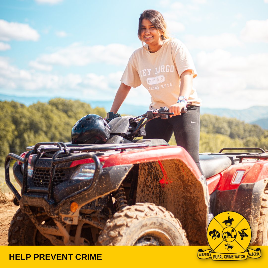Enjoy summer and protect your property!

Off-highway vehicle theft is rampant this season, including snowmobiles, golf carts, and riding lawnmowers. Secure your vehicles and prevent theft!   
Visit ruralcrimewatch.ab.ca/news-events/bu… for tips.

#safetytips #protectproperty #summer #saferAB