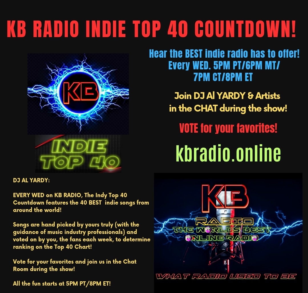 TONIGHT!
KB RADIO TOP 40 Show, 2PM PT/5PM ET
kbradio.online
#retweet @luxthereal1
@KBRadio_Canada
@TheIncurablesMI
@rtItBot @rttanks
@TraceMess_469
@TheRepostCrew
@BlackettMusic
@BlazedRTs
@MuseBoost
@Know_Know44
@ArtistRTweeters
#kbradiothp
#rockradio
#internetradio