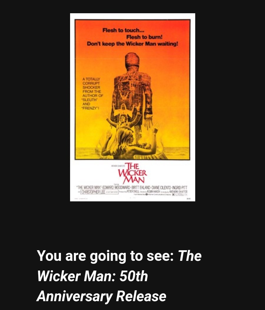 At Cineworld to see The Wicker Man, I've watched this film many times but this will be the first time on the big screen #TheWickerMan #cineworld