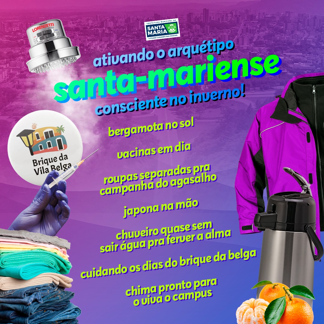 Apesar do frio já estar presente há um tempinho, teve início hoje, oficialmente, o inverno. 🥶

E, para cuidar da gente e cuidar do próximo, seguimos a #trend e ativamos nosso arquétipo santa-mariense consciente no inverno! 🧥🍊🧉💉

E aí, se identificou? 😁