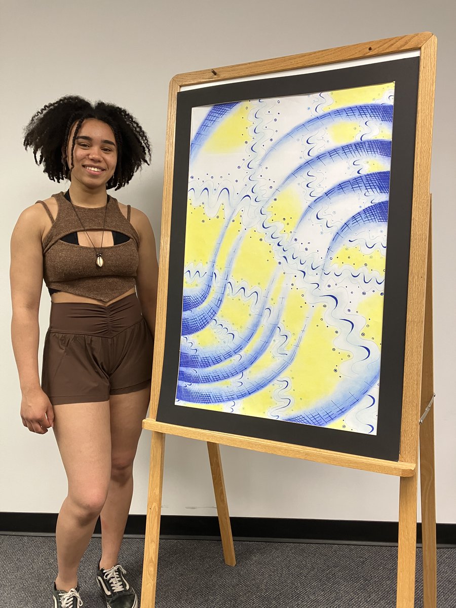 BealLibrary's tweet photo. @bealart star Esther Clarke pops into @HBBeal Library and chats with Mr. Weaver to see where her mesmerizing 2022 painting "Vibrations" has been on display in the Raider Gallery for everyone to enjoy.

We wish everyone an enjoyable summer.

Read some, eh! 📚 https://t.co/OKwe1Ez2hS