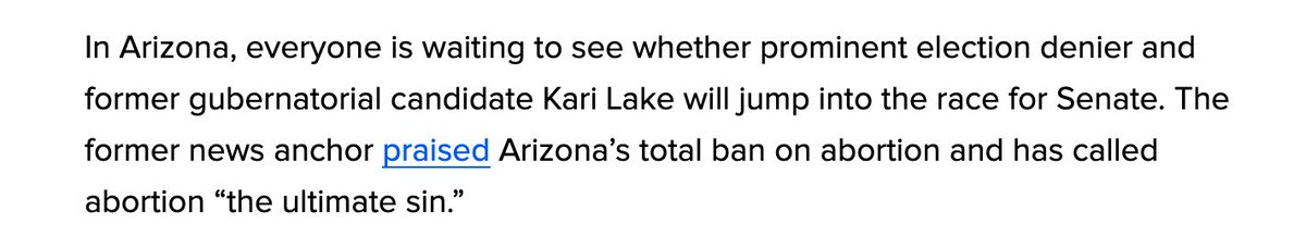 If Kari Lake runs for #AZSen, her extreme position on abortion — which includes her support for AZ's total ban without exceptions — will be a massive problem in the general. Reminder: ~90% of Arizonans support the right to abortion. huffpost.com/entry/abortion…