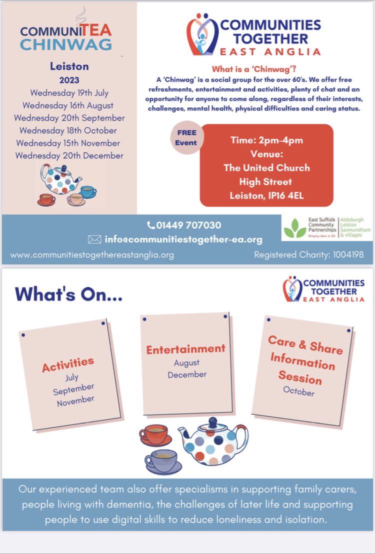 Annette at Rural Coffee Caravan ☕️ (@netrcc) on Twitter photo Another #SuffolkDay treat today joining Sharon from <a href="/CommunitiesTog/">Communities Together East Anglia</a> at the Leiston Community Cuppa.
They now have plans for a Community Chinwag from July-December for the over 60’s with details on their attached poster Another #SuffolkDay treat today joining Sharon from <a href="/CommunitiesTog/">Communities Together East Anglia</a> at the Leiston Community Cuppa.
They now have plans for a Community Chinwag from July-December for the over 60’s with details on their attached poster