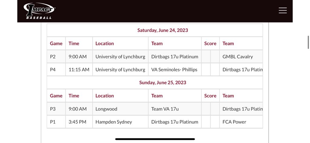 #DIRTBAGS Platinum ☠️💎 back at it this weekend at Impact Hill City Summer Classic: Lynchburg/Farmville, VA! 

Pitching Rotation: 
Game 1 - <a href="/sethgsharpe/">Seth Sharpe</a>/<a href="/lrbrooks2024/">Lucas Brooks</a> 
Game 2 - <a href="/KyleCook06/">Kyle Cook</a>/<a href="/patrickasnow/">Patrick Snow</a>
Game 3 - <a href="/KennenLewis/">Kennen Lewis</a>/<a href="/lrbrooks2024/">Lucas Brooks</a>
Game 4 - <a href="/AlgeierJett/">Jett Algeier</a>/<a href="/NateJensen1113/">Nate Jensen</a>