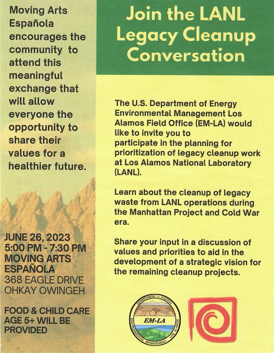 TOWN HALL:

LANL Legacy Cleanup Conversation
Moving Arts Espanola (next to Ohkay Owingeh C-Store)
Monday, June 26, 2023
5:00pm to 7:30pm

Food & Child Care

Opportunity to learn, ask questions.

#OurLand

#RioArribaCounty #NewMexico #Espanola

@tewawomenunited
@puebloalliance