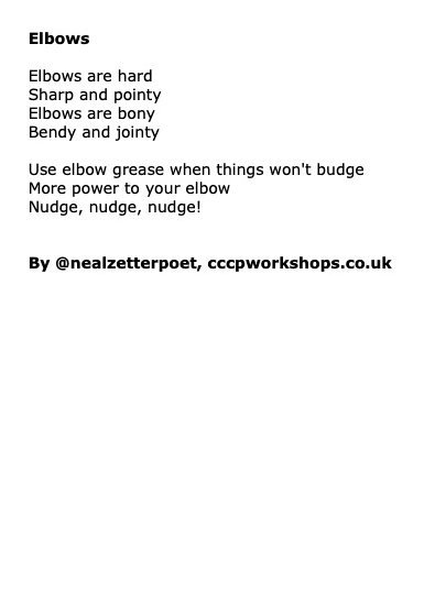 New #POEM 'Elbows'

See cccpworkshops.co.uk or DM for book + visit info

#FFBteachers #librarytwitter #edutwitter #TVTTagTeam #teachertwitter @patronofreading #poetry #poetrylovers #poetrytwitter #WritingCommunity #POEMS #poetrycommunity #PoemADay