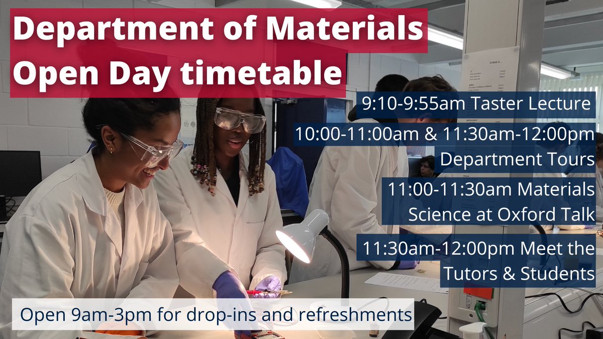 It's two weeks until the #OxOpenDays! We'll be opening our doors on 28th and 29th June - come and join us to find out more about studying Materials Science here at Oxford and experience taster lectures, tours, and chats with tutors! More info: materials.ox.ac.uk/admissions/sch…