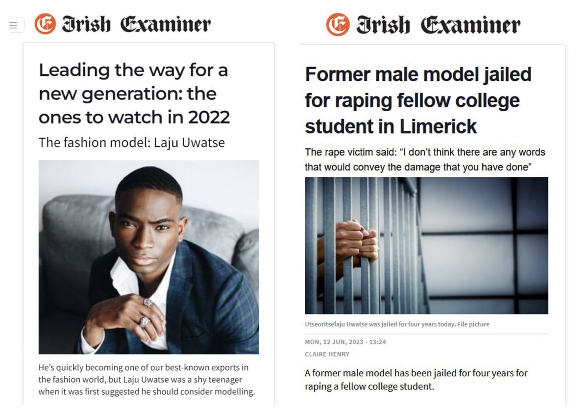 In 2022, @irishexaminer presented an immigrant as Ireland's new generation. His photo featured.

In 2023, he was jailed for rape. Irish Examiner excluded his photo, using white hands instead.

Media wrongly attribute crimes to whites while complaining whites do that to blacks.