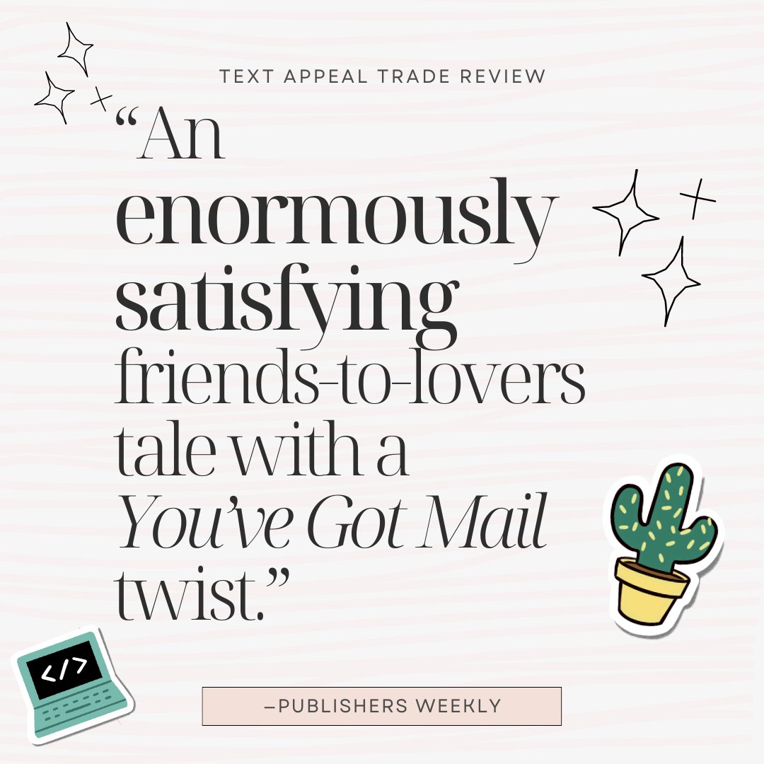 Publishers Weekly thinks Text Appeal is 'enormously satisfying,' so if you need me, I'll be over here screaming. publishersweekly.com/9781639104956

#textappeal #2023debuts @2023debuts @AlcovePress #publishersweekly #bookreviews #romancebooks
