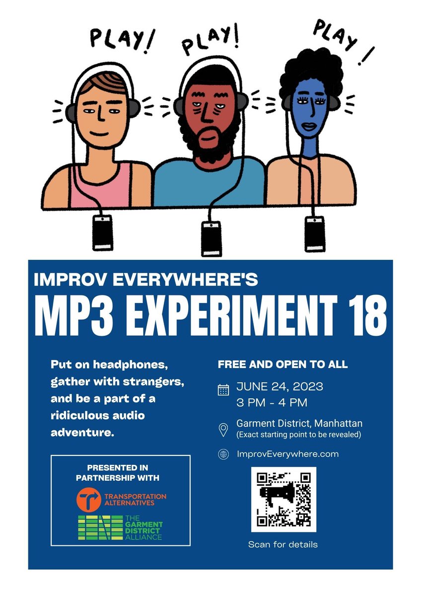We've released the full details for Saturday's Mp3 Experiment event in NYC. Come be a part of a very silly, very happy mob! 
improveverywhere.com/2023/06/21/mp3…