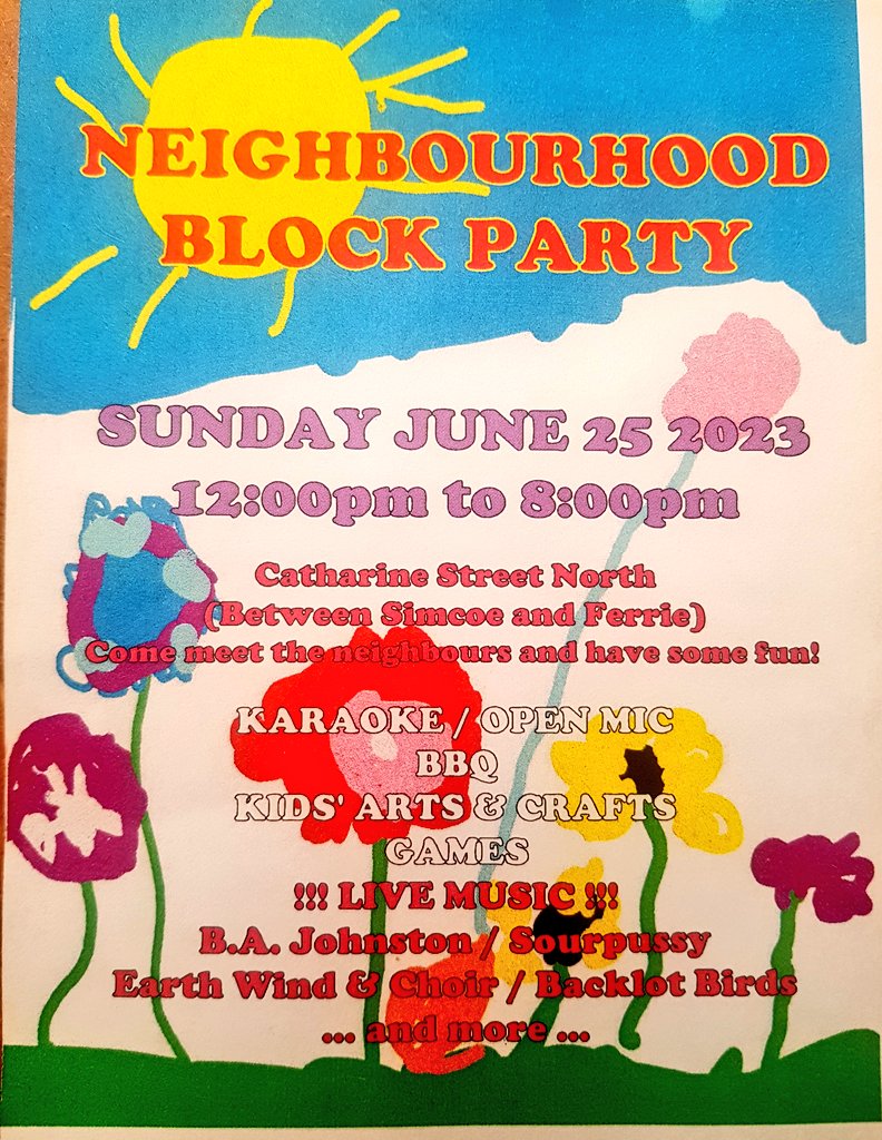 📣 Block party happening in the north end this Sunday 12 pm to 8 pm! 📣
Catherine St N between Simcoe &amp; Ferrie!
🎵🎻🎺🥁