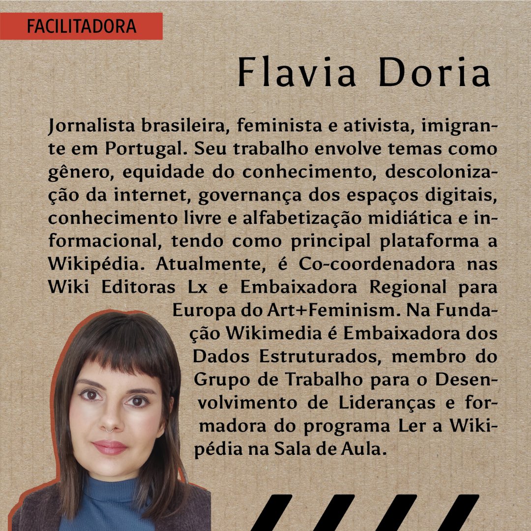 wikieditoraslx's tweet photo. Amanhã, às 19h PT e 15h BR, teremos mais uma oficina da Editatona Território Corpo-Terra. Iremos conversar sobre Perspectiva de Gênero e Decolonial na Escrita da Wikipédia, com a jornalista e wikimedista Flavia Doria @aflaviadoria Inscrevam-se na bio! https://t.co/cMekR4VD48