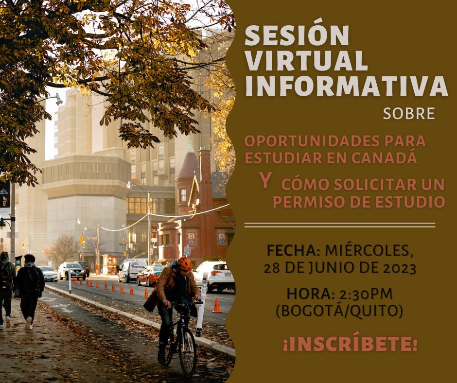 CanadayColombia's tweet photo. Acompáñanos en la sesión informativa virtual organizada por la Embajada de Canadá para conocer sobre las posibilidades de estudiar en 🇨🇦 y cómo solicitar un permiso de estudio.
Miércoles,28 de junio de 2023
2:30pm (Bogotá/Quito)
Regístrate aquí: https://t.co/LgY58qVb5H https://t.co/5hYCVaYalf