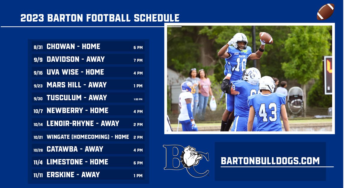 CHECK OUT THE 2023 BARTON COLLEGE FOOTBALL SCHEDULE! . Bulldogs open the season at home against Chowan on Thursday, August 31, at 6:00 p.m. . Truist Stadium . Electric Supply Company Field . #BartonBold . #BCBulldogs . @barton_fb . bit.ly/3NGZENS