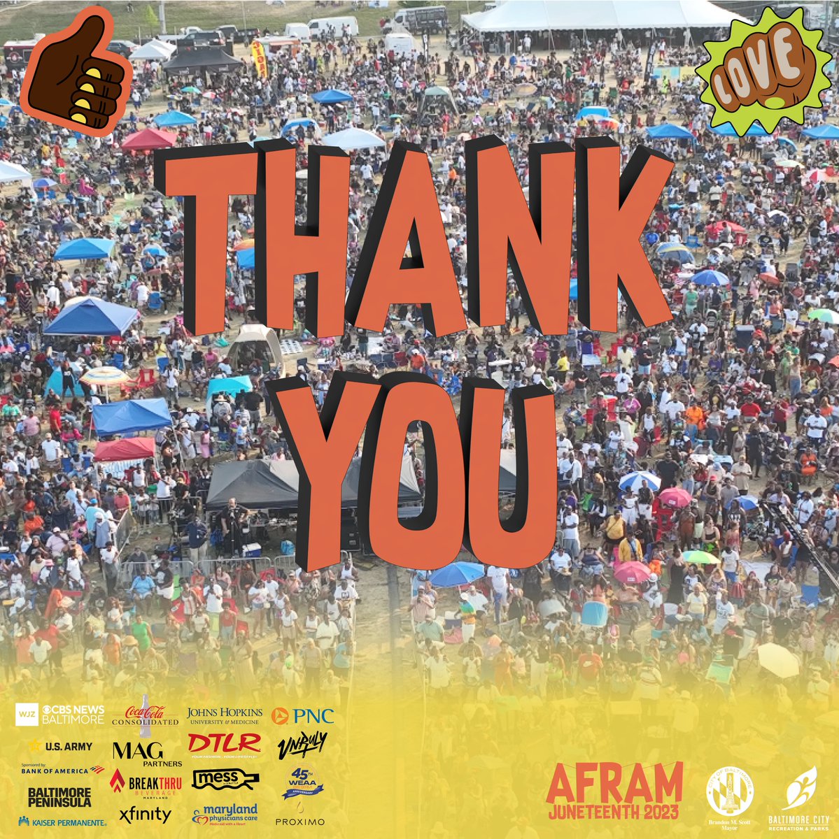 Baltimore_AFRAM's tweet photo. #AFRAM2023 was full of good vibes &amp; good music. 👏🏾 We’re sending a special thanks to our #AFRAMily that showed OUT this year for Juneteenth Weekend, and to our sponsors that helped make our festival possible! https://t.co/sB29udsZag