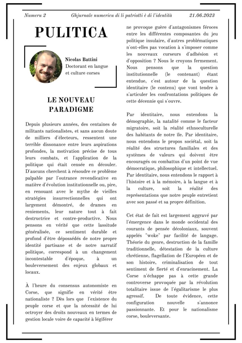 🔴 𝗣𝗔𝗟𝗔𝗧𝗜𝗡𝗨 𝗡𝗨𝗠𝗘𝗥𝗜𝗖𝗨 𝟮

1️⃣ Una terza scola naziunalista - Niculaiu Battini

2️⃣ Attualità

3️⃣ Tous des poissons rouges ? - Ghjuvan Francescu Luciani

4️⃣ Le nouveau paradigme - Nicolas Battini