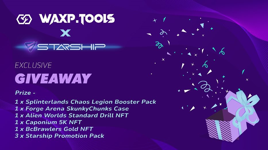 🔥@WaxpTools is back with a bang! Teaming up with Starship, who are busy beta testing their metaverse.
Join frenzy early, when it's hot🚀

🎁Join our MEGA GIVEAWAY!

1️⃣Follow @WaxpTools & @DeployStarShip
2️⃣Like+RT
3️⃣Eye on a prize? Tell us👇

🎉Winners in 48 hours!

#WAXP #WAXNFT