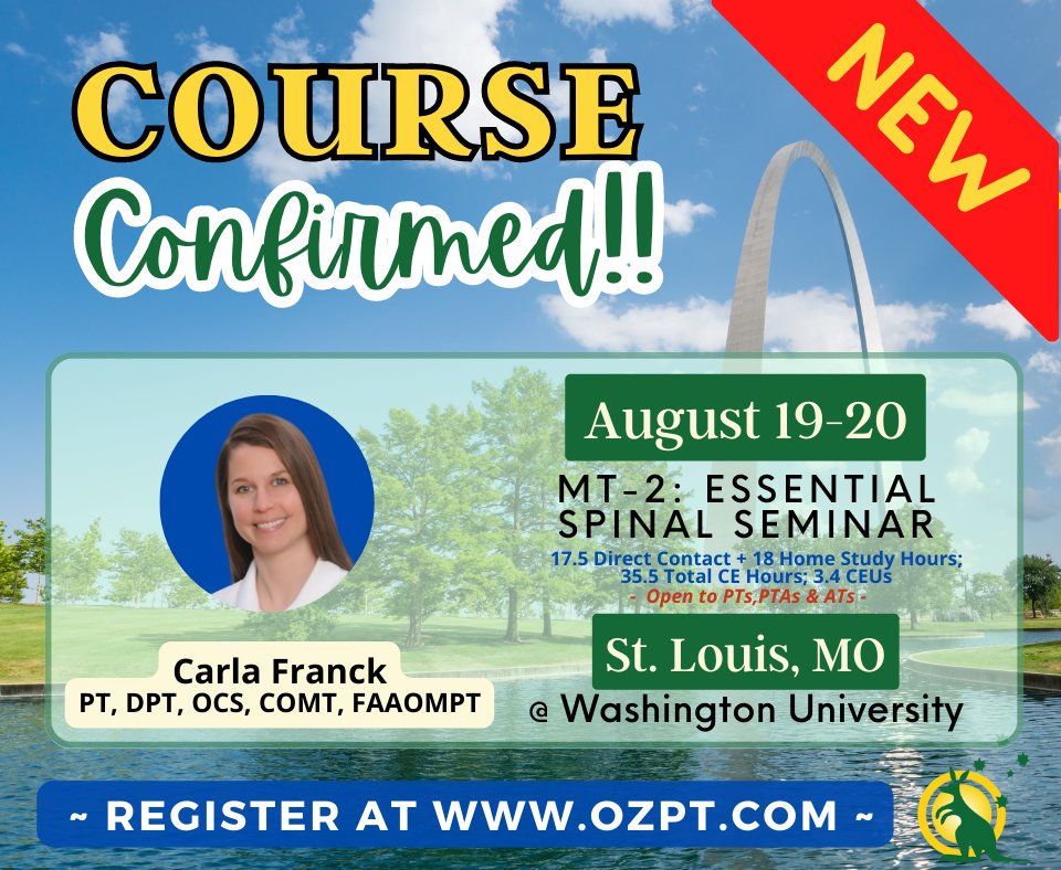 Welcoming the 1st day of Summer with a NEW course confirmation!😍😍 
NOW CONFIRMED in St. Louis, MO – Approved CE for PTs, PTAs & ATs! 
#physicaltherapy #pt
#manualtherapy #maitlandseminars #approvedCE
#continuingeducation #spinal #mobilization #manipulation #spinalmanipulation