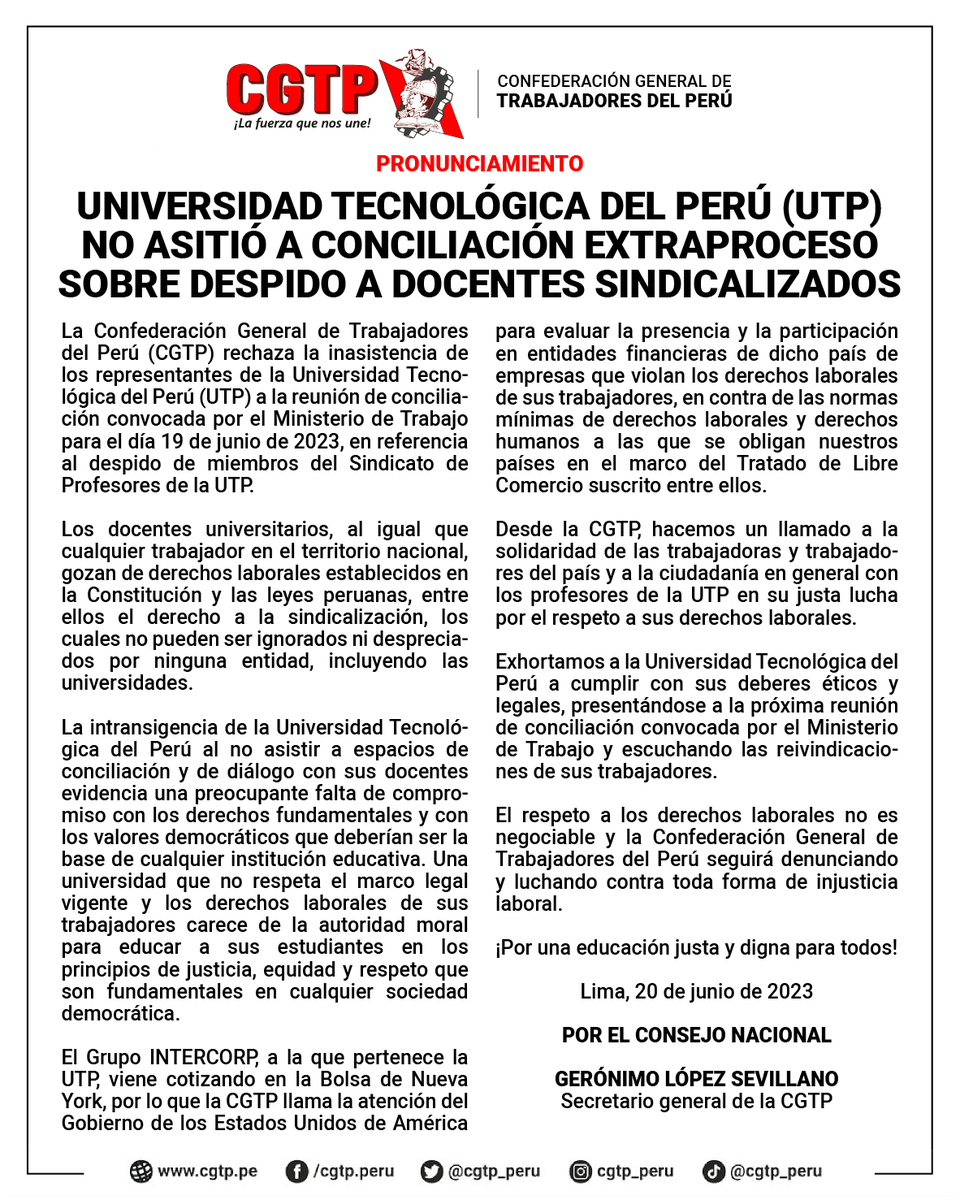 cgt_peru's tweet photo. La CGTP rechaza la inasistencia de los representantes de la Universidad Tecnológica del Perú (UTP) a la reunión de conciliación convocada por el Ministerio de Trabajo para el día 19 de junio de 2023, en referencia al despido de miembros del Sindicato de Profesores. https://t.co/kbJZ6OXJRm