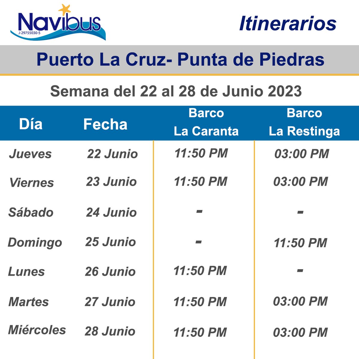 Navibus's tweet photo. DESLIZA Y CONOCE NUESTROS ITINERARIOS DEL 22/06/2023 al 28/06/2023.
✅PDP-PLC
✅PLC-PDP
Para más información puedes escribirnos a través de mensaje privado😉
#UsuarioNavibus
#NuevosHorarios
#PDP
#PLC
#LaRestinga
#LaCaranta https://t.co/i9jtEesXps