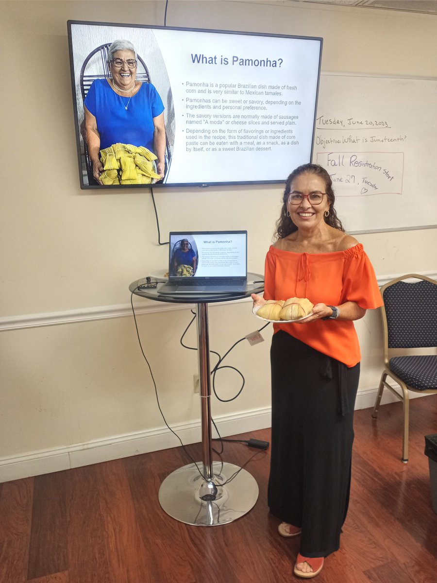 servos's tweet image. Dr. Servos walked in on Maria in ESOL Level 6 presenting in English about Pamonha and then served the Brazilian dish to her classmates. Way to go Maria! #AdultEdMatters #Presentations #BuildingonCulture @servos