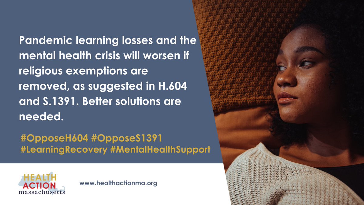 HealthActionMA's tweet image. Pandemic learning losses and the mental health crisis will worsen if religious exemptions are removed, as suggested in H.604 and S.1391. Better solutions are needed.

#OpposeH604 #OpposeS1391
#LearningRecovery #MentalHealthSupport