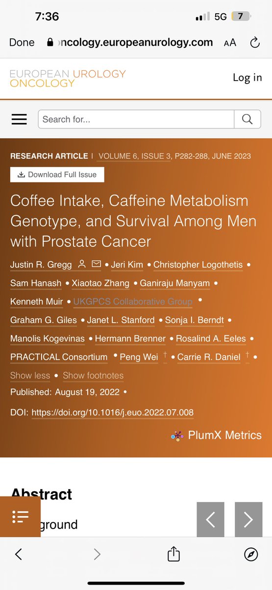 Again evidence that high #coffee intake might improve outcomes in men with #ProstateCancer 👉 Longer CSS in men with 1️⃣ localized disease (HR 0.66, 95% CI 0.44–0.98; p = 0.040) 2️⃣ CYP1A2 AA genotype (HR 0.67, 95% CI 0.49–0.93; p = 0.017) @JustinRGregg @carrie_d_mac @EurUrolOncol