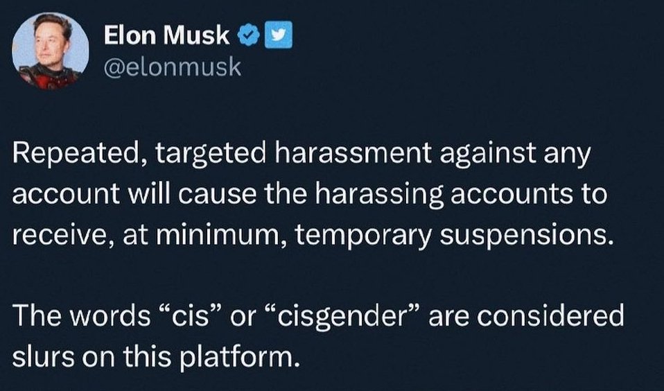 On a platform that saw a 500% increase in the use of the n word after he took over, Elon Musk has decided the word we should all find offensive is 'cis', because his gender identity is so fragile? Fuckin clown, I'm cis, I am an ally of the trans community. #CisIsNotASlur