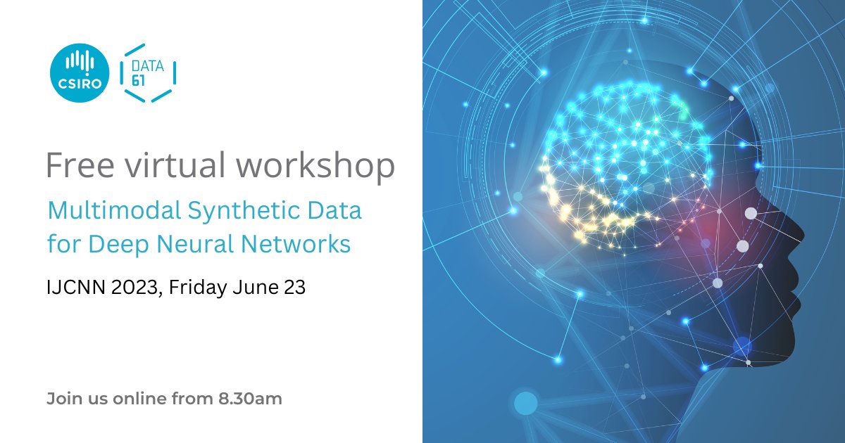 Couldn't make it to #IJCNN2023 in person? Join us online! 

Our workshop on Multimodal Synthetic Data for Deep Neural Networks is free for virtual attendees. Talks kick off at 8.30am tomorrow. 

Link to join: us02web.zoom.us/j/88975862664#… 

Full program: bit.ly/MSynD