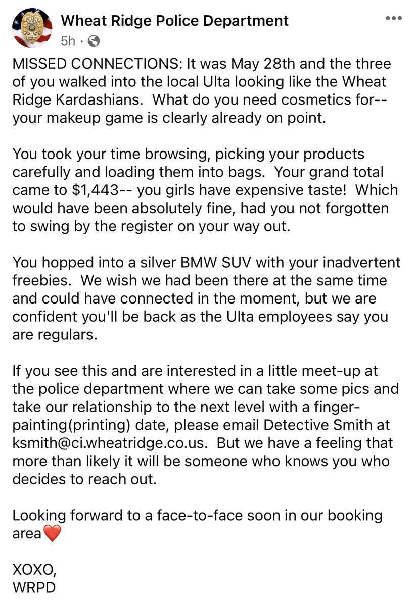 Sheena_Kadi's tweet image. Y’ALL. @WheatRidgePD is SAVAGE AF.
