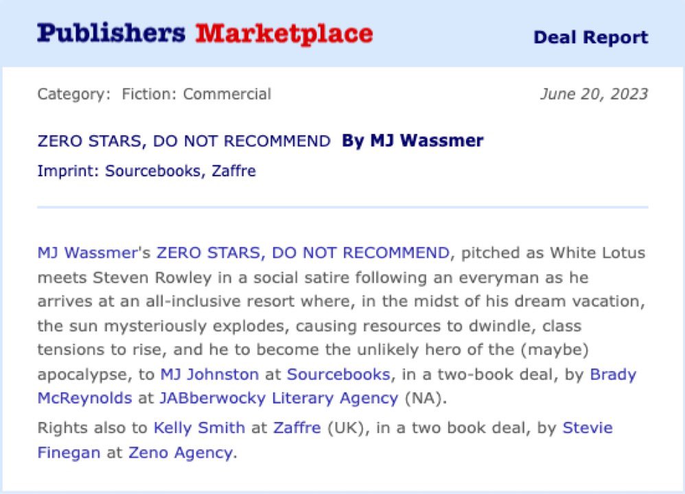 mj_wassmer's tweet photo. my debut novel ZERO STARS, DO NOT RECOMMEND is coming soon to a TBR pile near you!

it’s been acquired by the amazing @FictionalMJ with @Sourcebooks in the US and @kellyyrosee15 with @ZaffreBooks in the UK.

can’t wait to share more soon. 🌞 https://t.co/qnRudvlzRM