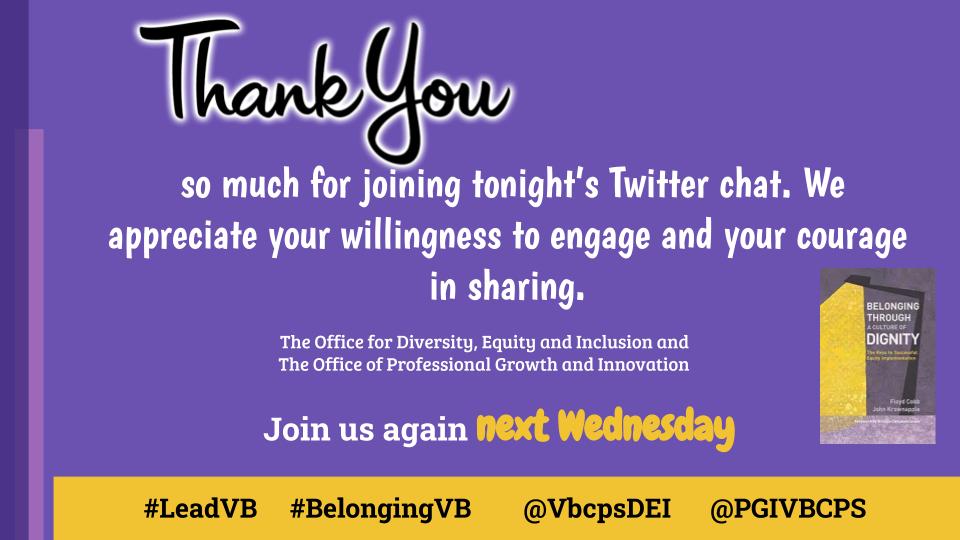 PGIVBCPS's tweet image. @VbcpsDEI and @PGIVBCPS thank you so much for joining us tonight. Come back next week-same time, same place for more on Belonging through a Culture of Dignity #BelongingVB #LeadVB