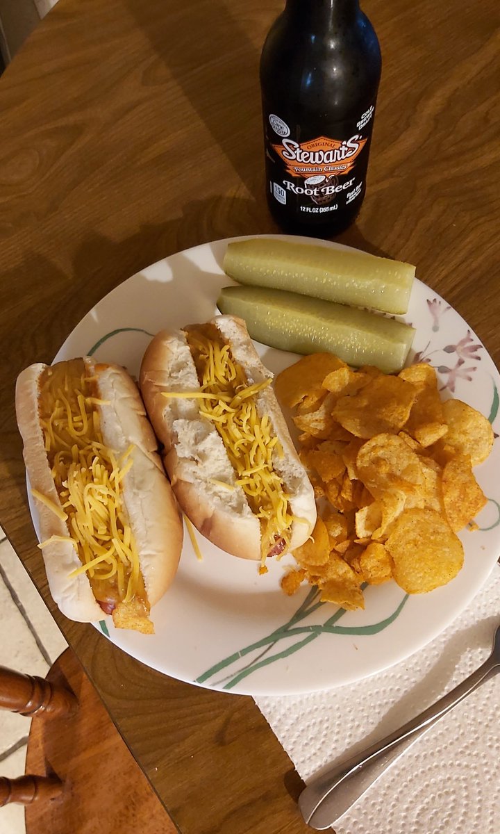 Tonight's culinary feast is a couple of Hebrew National hotdogs, barbecue potato chips, kosher dill pickles, and a root beer! 😋 #TimsHomeCooking