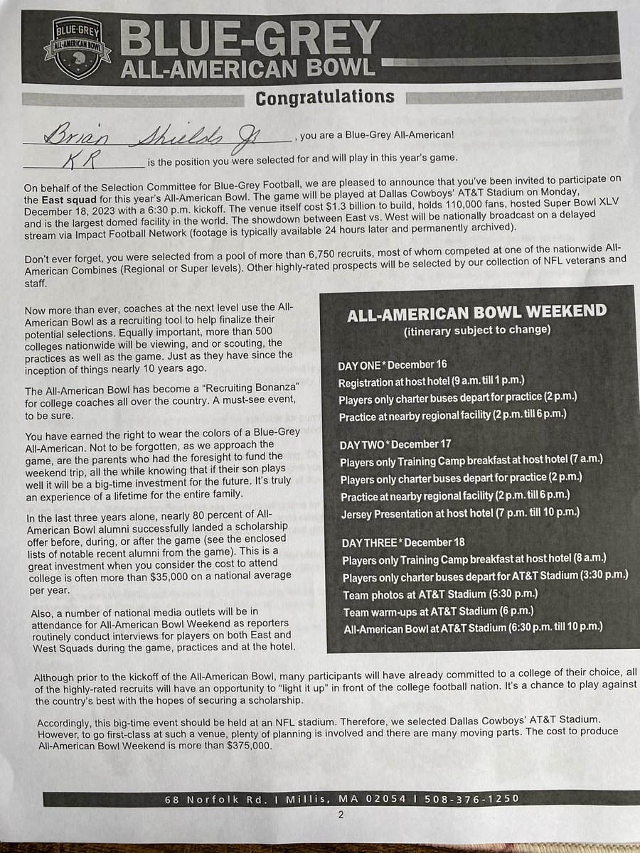 My guy <a href="/bshields901/">Br1an Shields</a> received his official invite today to play in the <a href="/BlueGreyFB/">Blue-Grey All-American Bowl</a> ! This is a great honor and privilege for this young man! <a href="/SEVEN_COACHMO/">Jeremy Moore</a> <a href="/FACS_Crusaders/">FACS</a> <a href="/FACS_Alumni/">FACS Alumni</a> <a href="/obrebel2123/">Shannon O'Brien 🏈</a> <a href="/tcramsey19/">Tim Cramsey</a> <a href="/HendersonStateU/">Henderson State U</a> <a href="/OuachitaFB/">Ouachita Football</a> <a href="/R_AmirGantCoach/">R.Amir Gant</a>