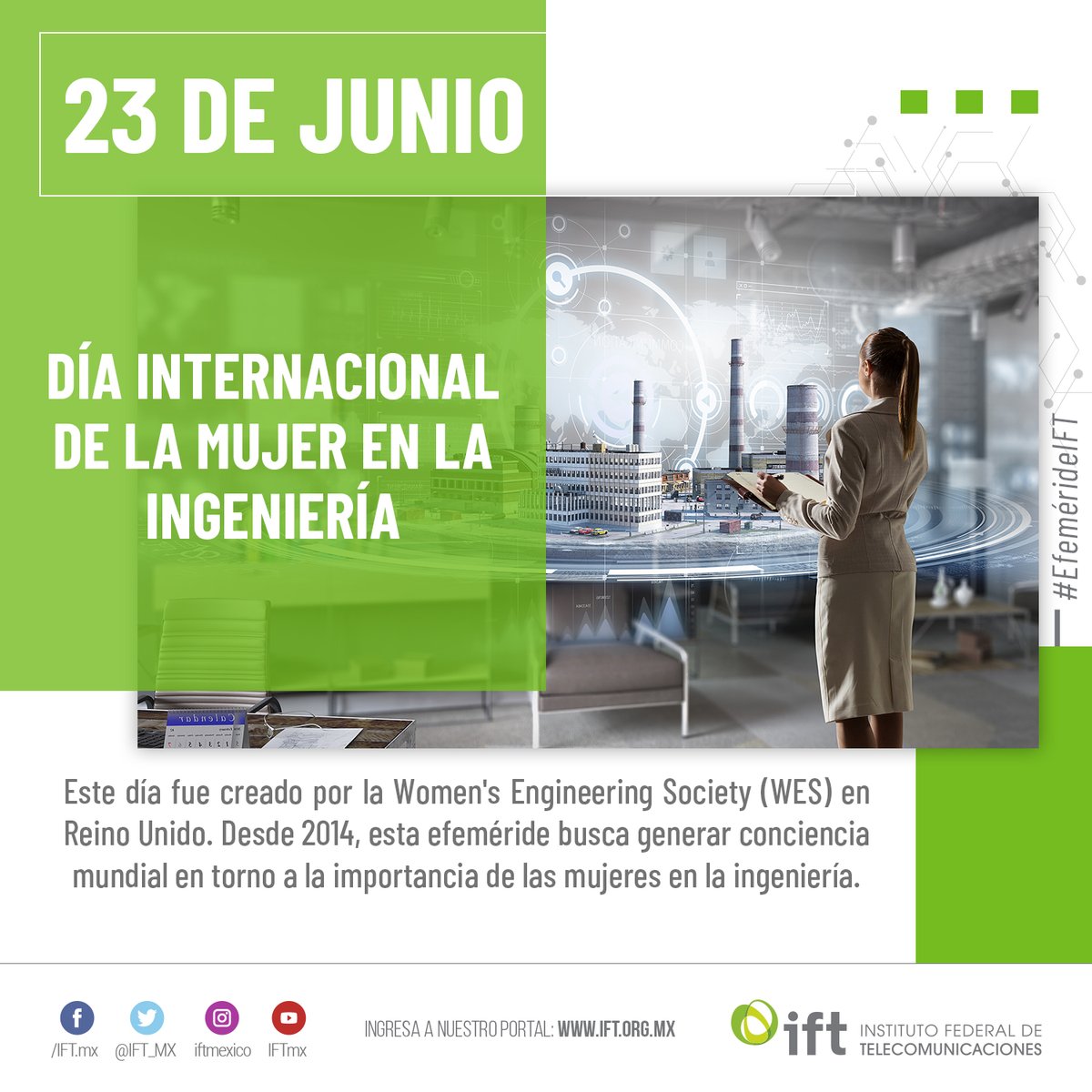 IFT_MX's tweet photo. #EfemérideIFT Desde el @IFT_MX, nos unimos a la conmemoración del #DíaInternacionalDeLaMujerEnLaIngeniería 👩‍🎓👩‍💻, y reconocemos a las #MujeresExpertas en los sectores de #Telecom 📡 y #Radiodifusión 🛰️. 

Conócelas 👇   

https://t.co/fAMMb2bxcp  

#YoSoyIngeniera https://t.co/aoCQyQ2T15